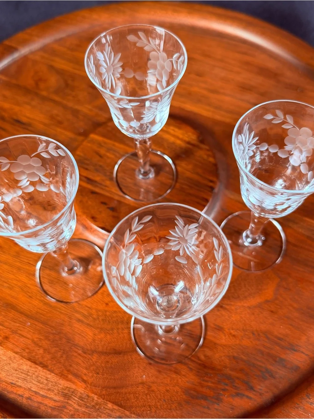 Etched Crystal Cordial Glasses - Clear Floral Design (Set of 4)